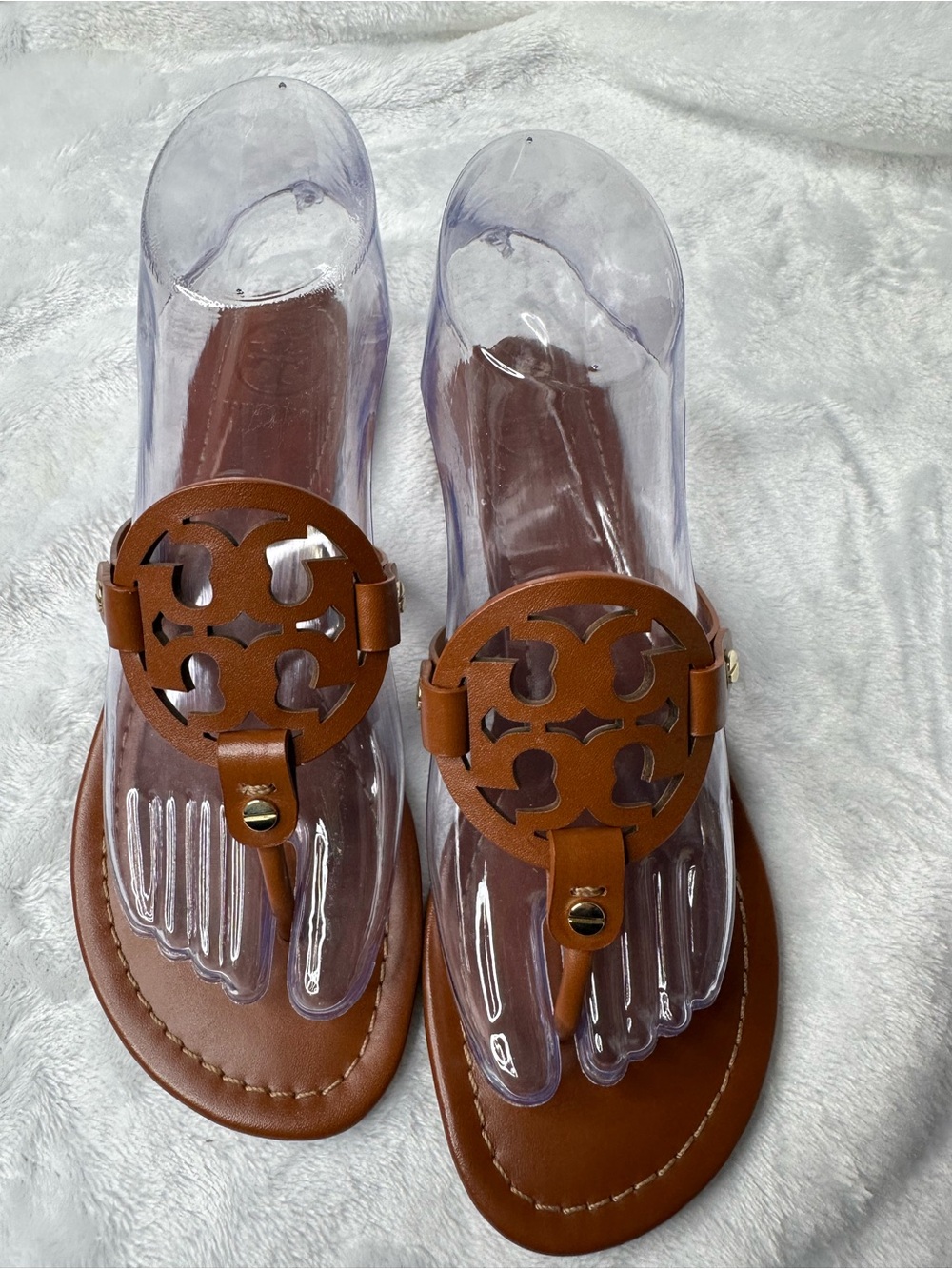 Tory Burch Cognac Leather Cutout Logo Thong Sandals
